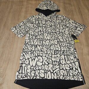 Xersion Mens Size M White Graffiti Print Hooded Short Sleeve Tshirt New Pockets